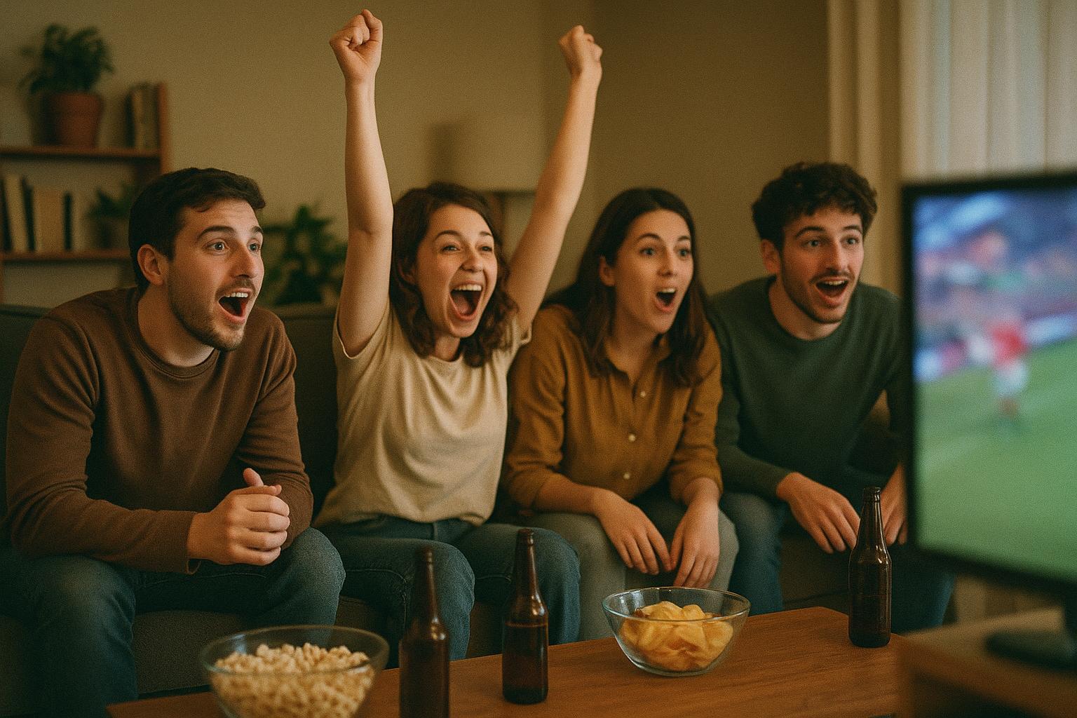 Sports fans watching a live game together with IPTV Apple TV